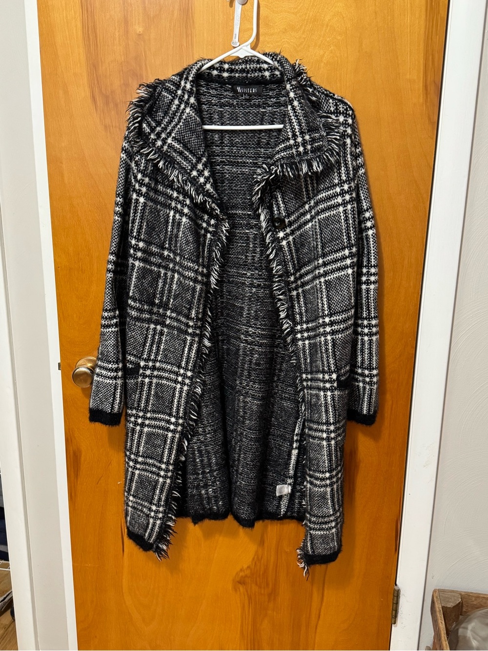 3 Sisters Black and White Plaid Fringe Open Cardigan